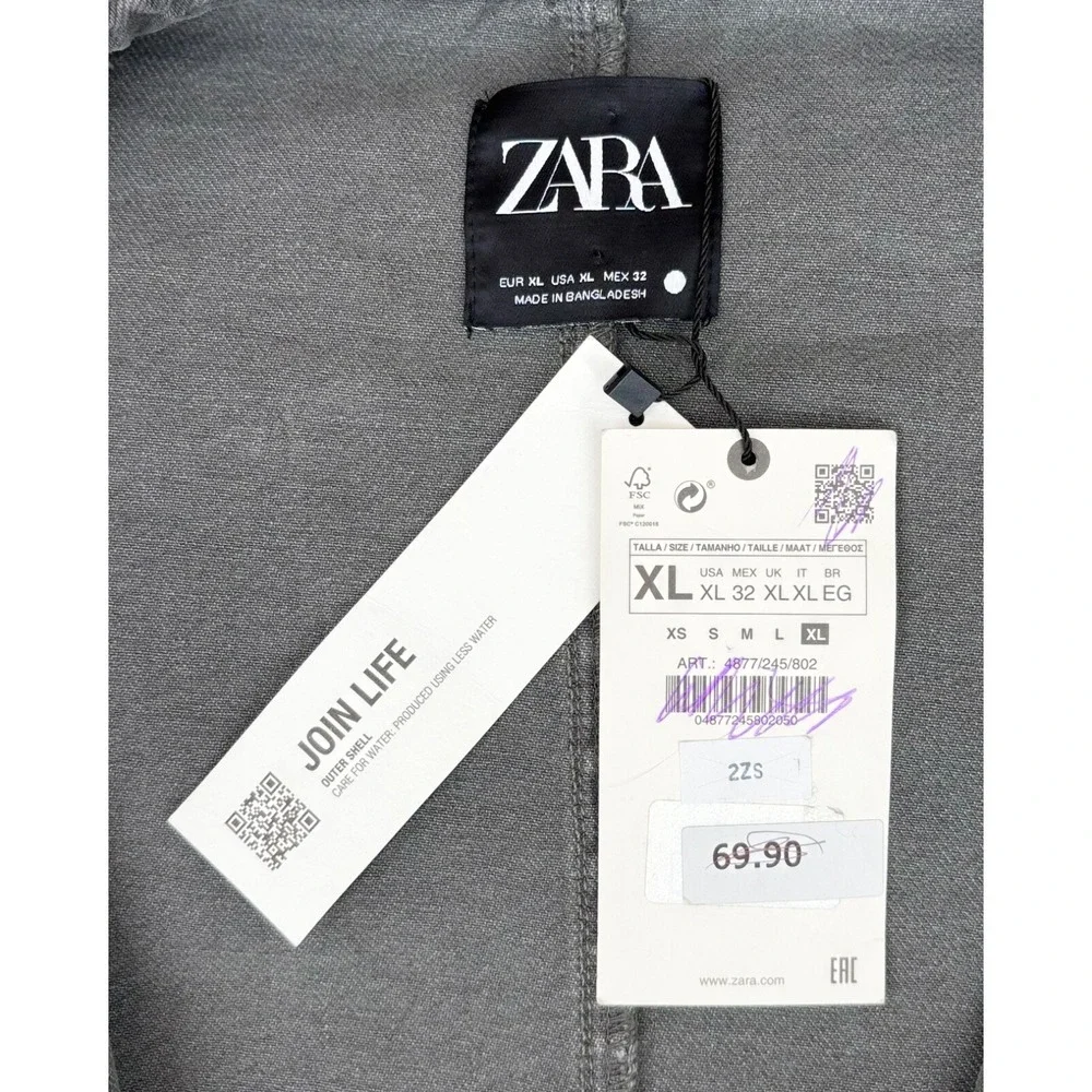 Zara XL Gray Denim Embellished Utility Jacket Crystal Stud Collar Pockets‎ NWT